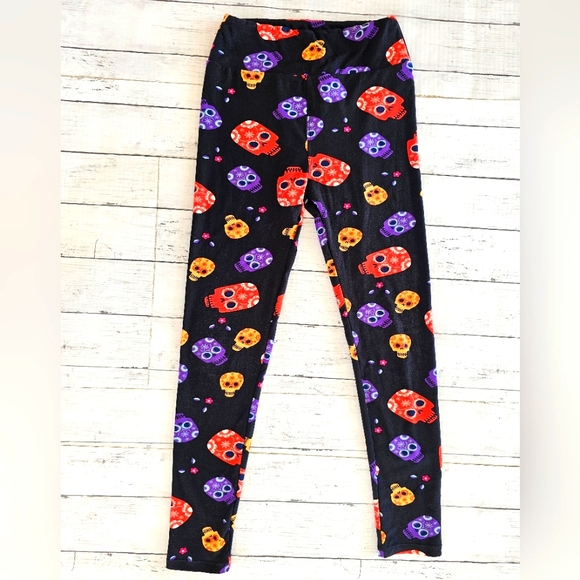 Lularoe Halloween Goth Sugar Skull Black, Purple & Orange Butter Soft Leggings - Picture 4 of 13